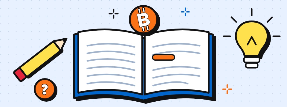 Illustratie: open boek over Bitcoin met een lamp en potlood
