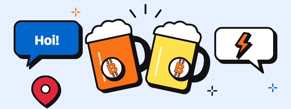 Illustratie: proostende bierpullen en praatwolkjes op een Bitcoin-meetup